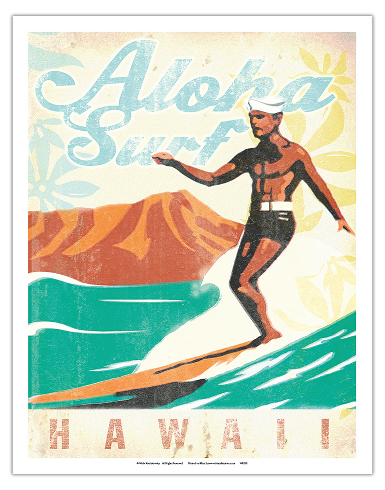 Aloha Surf Hawaii Surfer On Longboard Vintage Poster by Wade Koniakowsky eBay