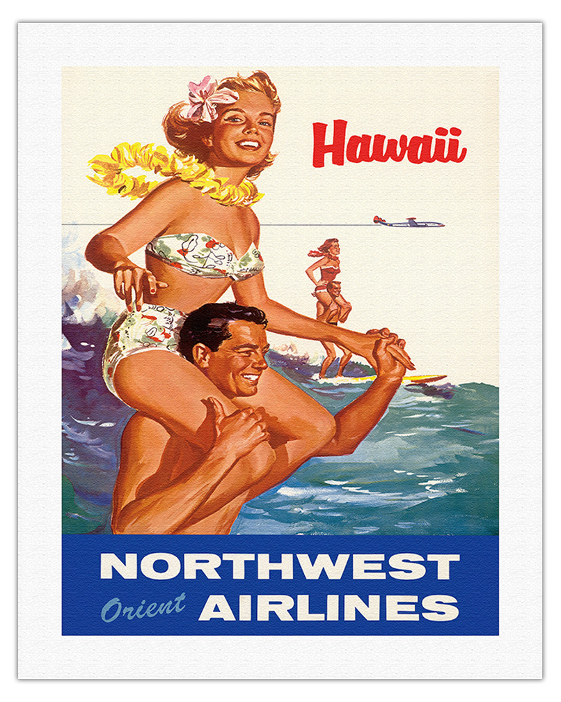 Hawaii - Northwest Orient Airlines - Vintage Airline Travel Poster c.1960s - Picture 7 of 22