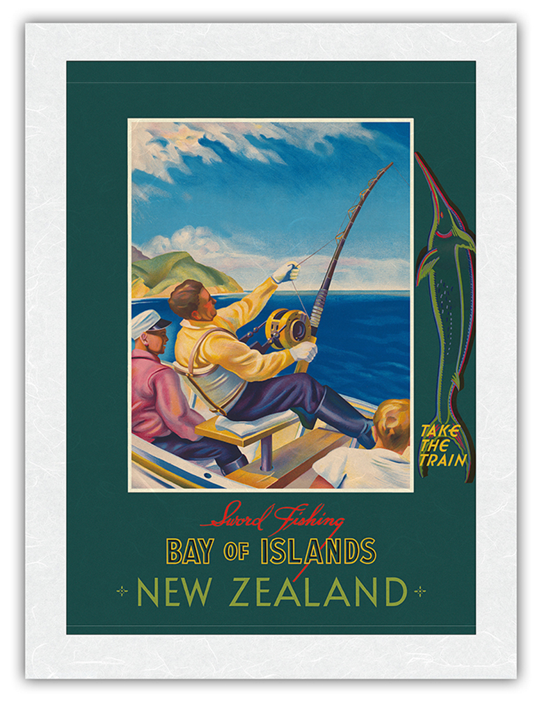 Bay of Islands New Zealand Sword Fishing - Vintage Railroad Travel Poster  1930