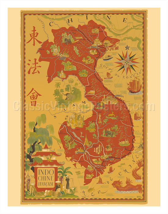 Art Prints & Posters - Indochine Française - French Indochina Vintage Map - Vietnam, Cambodia 