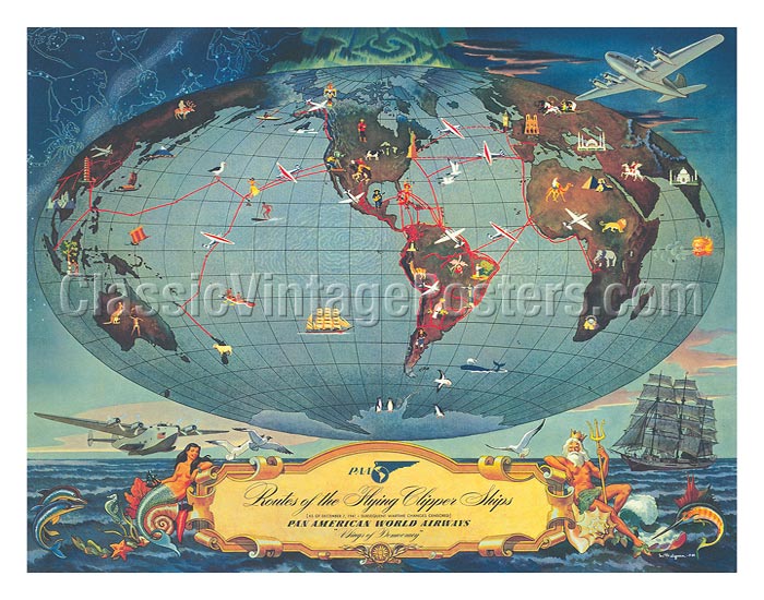 Pan am 4930 cmroutes Flying Clipper ships "travel poster various sizes