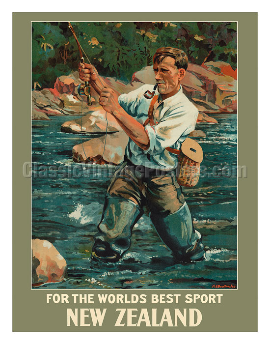 Art Prints & Posters - New Zealand - For the Worlds Best Sport - Trout Fly  Fishing Angler - c. 1936 - Fine Art Prints & Posters 