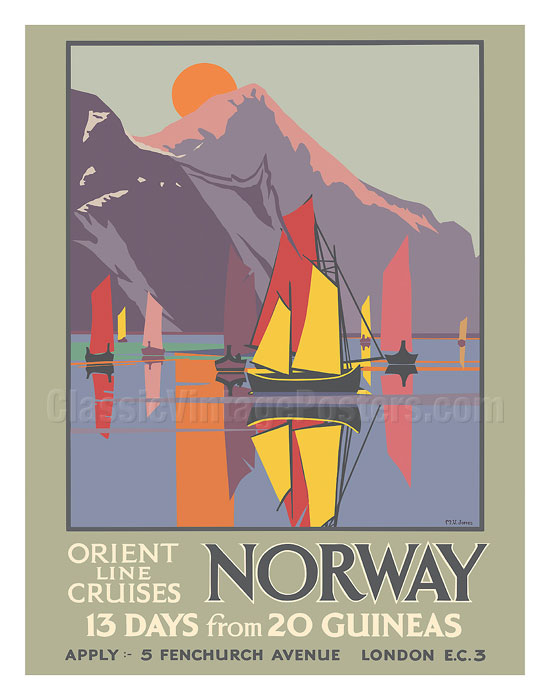 Norway Norwegian Fjords Orient Line Cruises Vintage Travel Poster Metal Tin Sign 