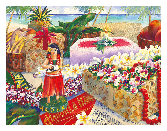 Art Prints & Posters - Hau'oli La Hanau (Happy Birthday) - Hawaiian Beach Birthday Party - Fine Art Prints & Posters - ClassicVintagePosters.com