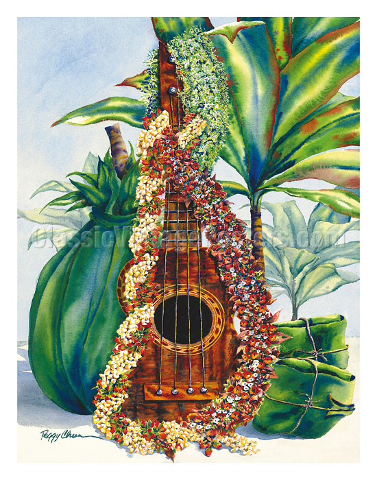 Art Prints & Posters - Mele Pua (Flower Song) - Hawaiian Ukulele, Leis, Ti  Leaves Offering - Fine Art Prints & Posters - ClassicVintagePosters.com
