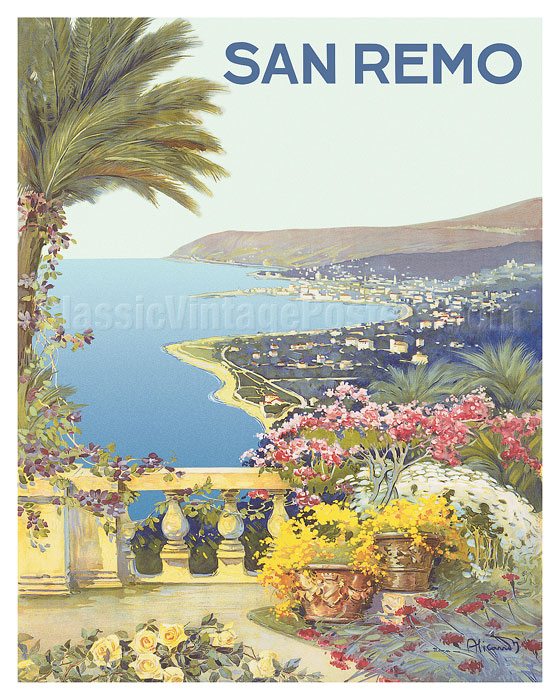 TRAVEL SANREMO ITALY SEA BEACH FLOWERS MEDITERRANEAN VINTAGE POSTER ART 1017PY