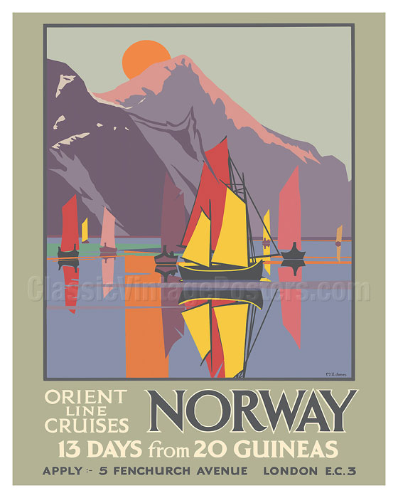 METAL ADVERTISING SIGN 30X20cm FJORDS EMBOSSED 3D ORIENT CRUISES TO NORWAY 