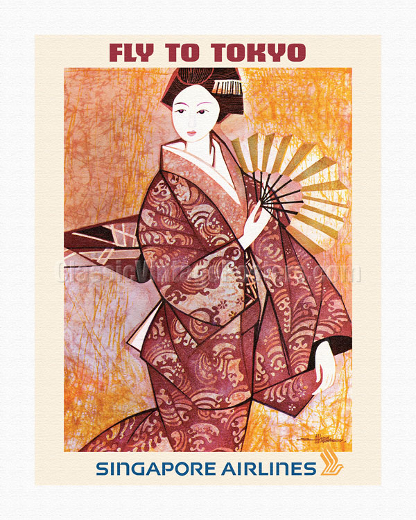 Vintage Japanese Geisha Nude Art - Art Prints & Posters - Fly to Tokyo, Japan - Geisha - Singapore Airlines -  c. 1960's - Fine Art Prints & Posters - ClassicVintagePosters.com