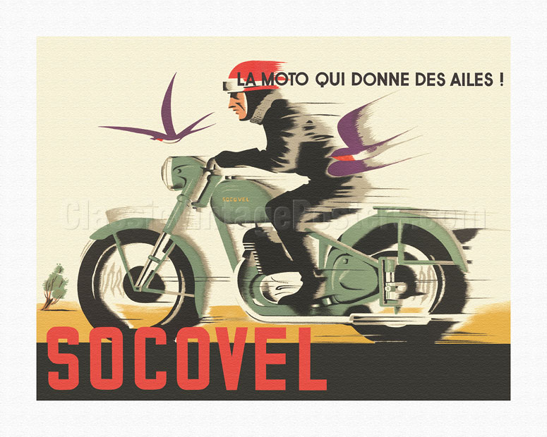 Art Prints & Posters - Socovel Motorcycles - The Moto Gives You Wings (La  Moto Qui Donne Ailes) - c. 1940 - Fine Art Prints & Posters 