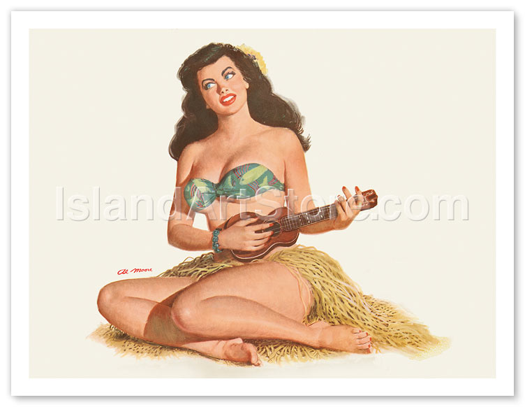 1940s Pin-Up Girl Ukulele on the Beach Picture Poster Print Vintage Art Pin Up