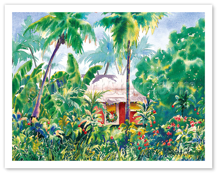 Peggy Chun Hawaii Watercolor Painting Art Print Old Style Jungle Surf Shack 
