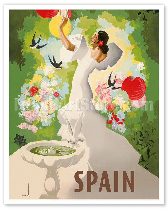 Pacifica Island Art Spain Master Art Print Spanish Dancer with Fountain and Birds Vintage World Travel Poster by Marcias José Morell c.1941 12in x 18in Inc.