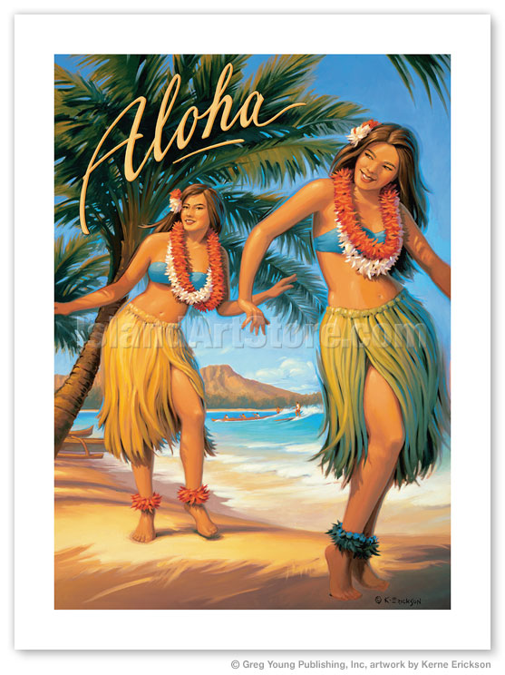 Hawaiian Hula Dancer Wahine Lei Aloha  Vintage Art Poster Print Giclée 