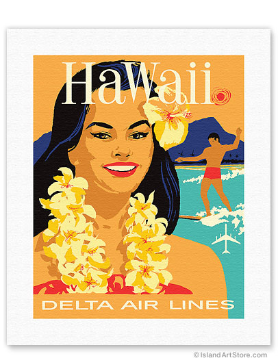 Fine Art Prints & Posters - Delta Air Lines Hawaii - Woman with Lei &  Surfer - Fine Art Prints & Posters