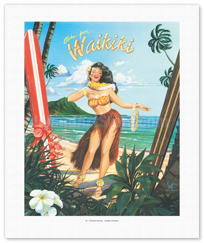 Hawaii Hula Girl Aloha Dance Lei Vintage Airline Travel Art Poster Print Giclée 