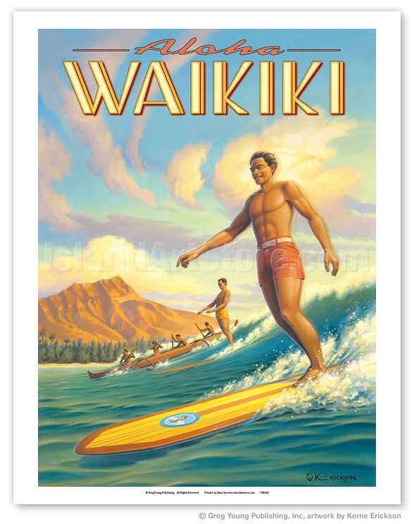 Honolulu Pacifica Island Art Surfer Outrigger Canoe and Diamond Head Crater 12 x 18in Hawaiian Master Art Print Vintage Hawaiian Kodachrome Postcard by Stewart Fern c.1951 Hawai’i