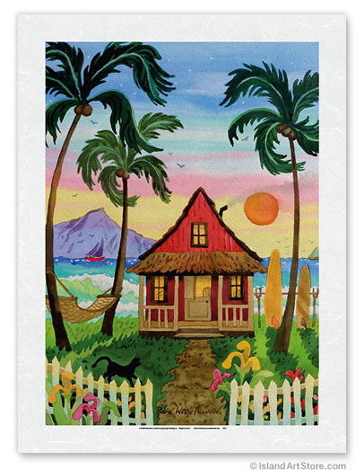 Hale Tropic Beach House Peggy Chun Hawaii Watercolor Painting Metal Tin Sign 