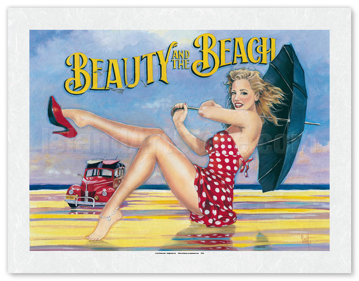 Fine Art Prints & Posters - Beauty and the Beach - Retro Woodie with  Surfboards and Pin-up Girl - Fine Art Prints & Posters - IslandArtStore.com